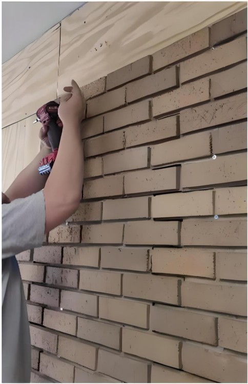 Interior views of brick wall in office building